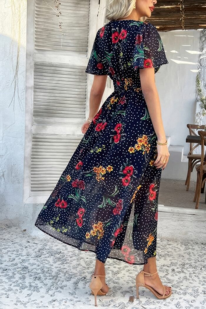 Floral V Neck Short Sleeve Tied Wrap Dress - Image 5