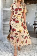 Floral V Neck Short Sleeve Tied Wrap Dress