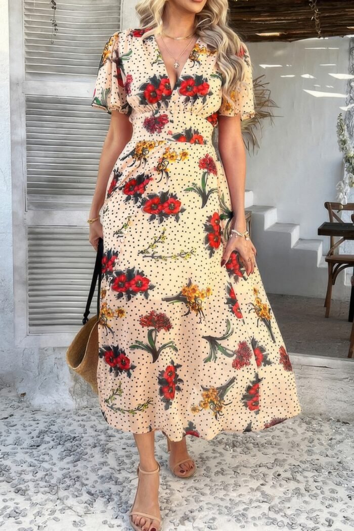 Floral V Neck Short Sleeve Tied Wrap Dress - Image 6