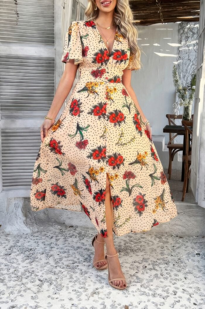 Floral V Neck Short Sleeve Tied Wrap Dress - Image 7