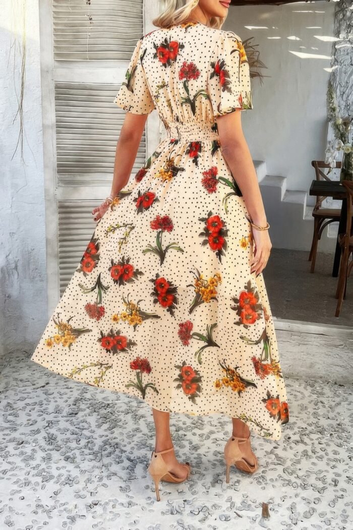 Floral V Neck Short Sleeve Tied Wrap Dress - Image 8