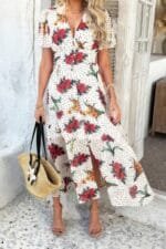 Floral V Neck Short Sleeve Tied Wrap Dress