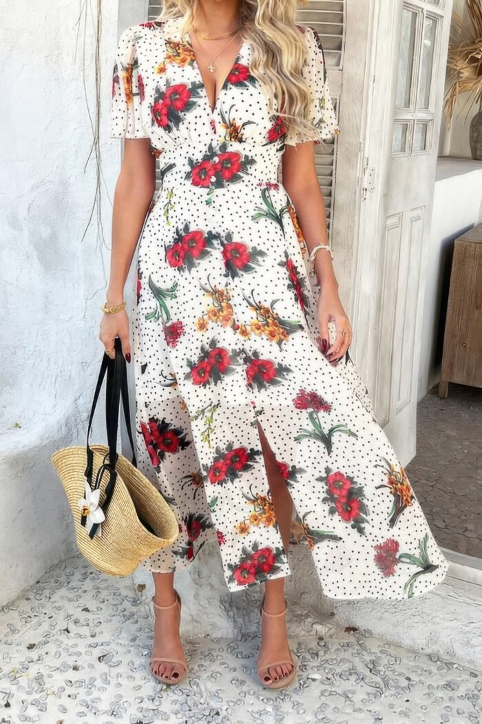Floral V Neck Short Sleeve Tied Wrap Dress - Image 9