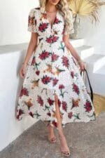 Floral V Neck Short Sleeve Tied Wrap Dress