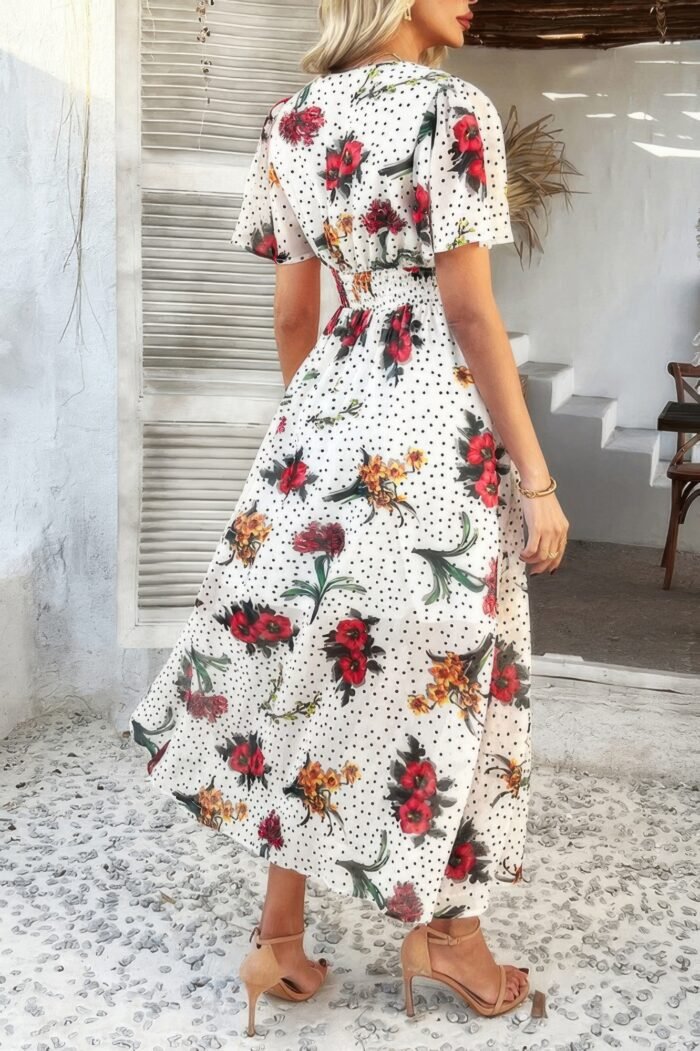 Floral V Neck Short Sleeve Tied Wrap Dress - Image 11