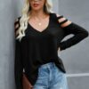 Solid Knitted V Neck Cut Out Shoulder Top
