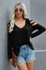 Solid Knitted V Neck Cut Out Shoulder Top