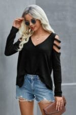 Solid Knitted V Neck Cut Out Shoulder Top