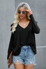 Solid Knitted V Neck Cut Out Shoulder Top