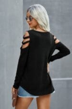 Solid Knitted V Neck Cut Out Shoulder Top