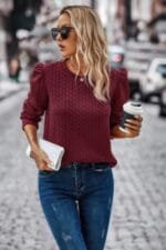Woman wearing twist texture pullover – solid crewneck sweater with loose fit, textured knit fabric, available in multiple colors