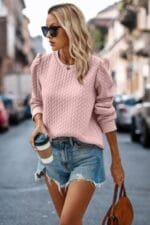 Woman wearing twist texture pullover – solid crewneck sweater with loose fit, textured knit fabric, available in multiple colors