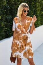 Tie Dye Swiss Dot V Neck Wrap Dress - Image 3