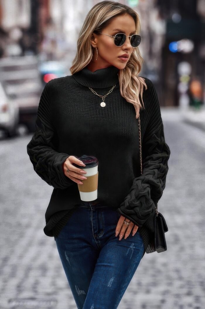 Woman wearing loose turtleneck sweater – long sleeve, solid knit acrylic pullover in olive and black
