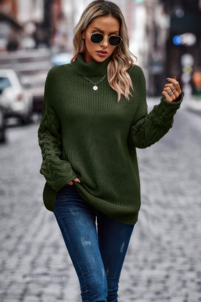 Woman wearing loose turtleneck sweater – long sleeve, solid knit acrylic pullover in olive and black