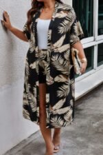 Plus Leaf Print Pockets Elastic Waist Shorts Sets - Image 2