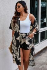 Plus Leaf Print Pockets Elastic Waist Shorts Sets - Image 3