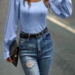 Scoop Neck Solid Swiss Dot Puff Sleeve Ribbed Slim