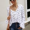 Polka Dots Long Sleeve V Neck Ruffled Shirt
