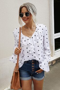 Polka Dots Long Sleeve V Neck Ruffled Shirt
