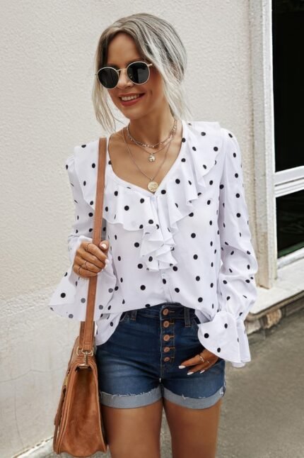 Polka Dots Long Sleeve V Neck Ruffled Shirt