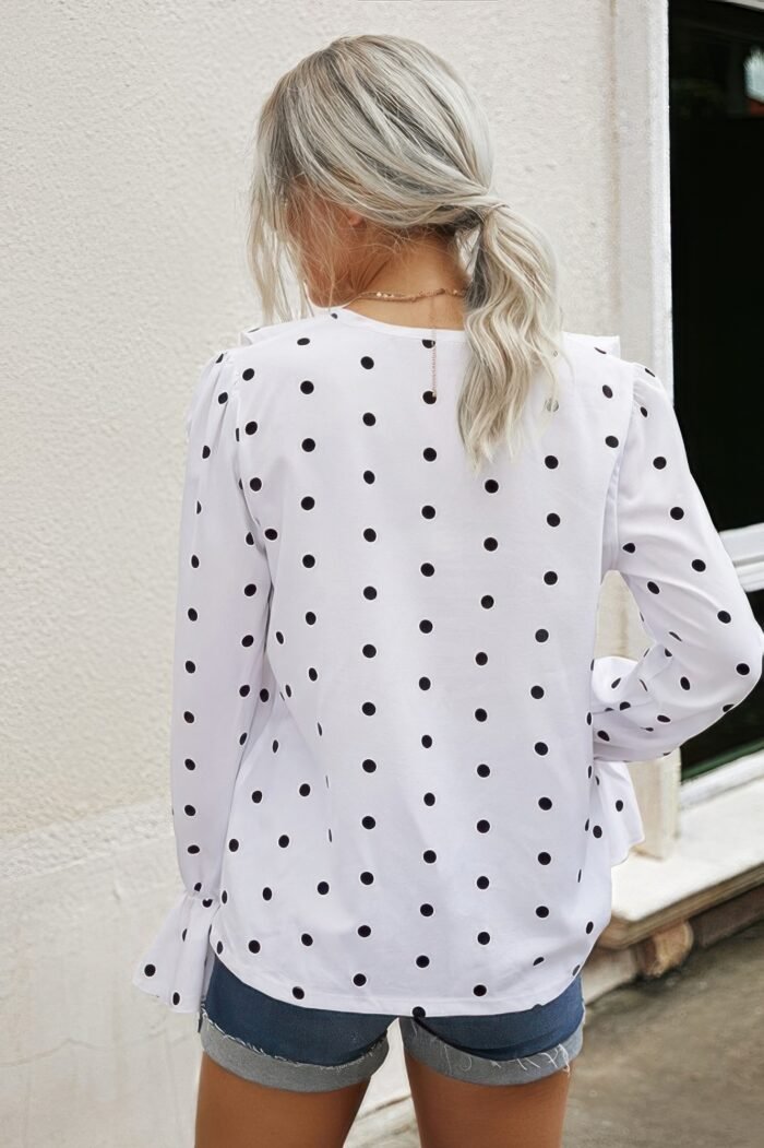 Polka dots long sleeve v neck ruffled shirt - image 2