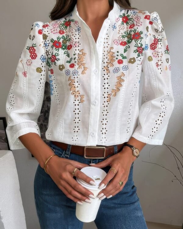 Long Sleeve Blouse – Floral Hollow Out Button Down Style