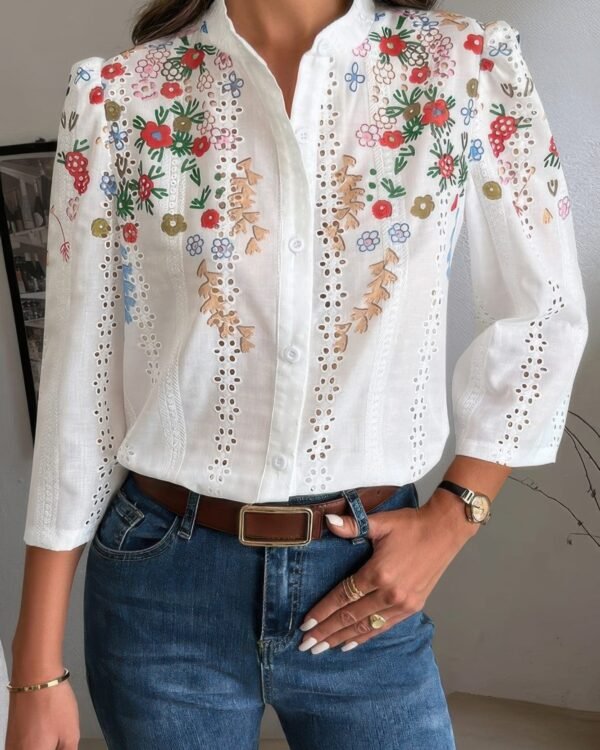Floral Hollow Out Button Down Long Sleeve Blouse