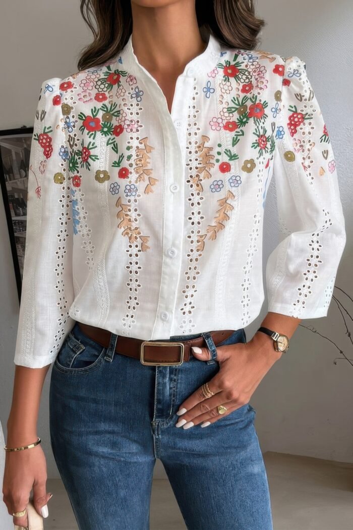 Floral hollow out button down long sleeve blouse - image 2