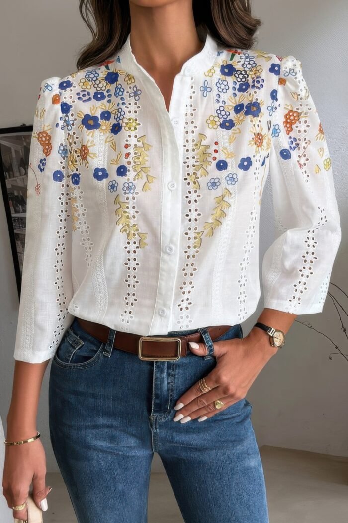 Floral hollow out button down long sleeve blouse - image 6