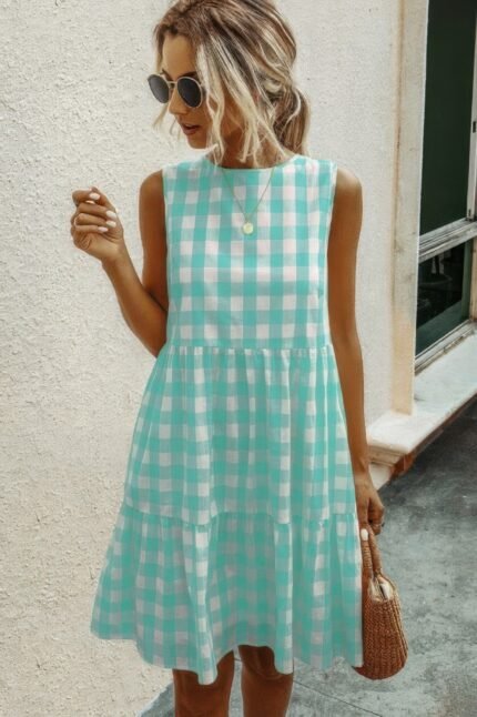 Plaid Sleeveless Robe Vests A Line Dress