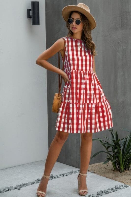 Plaid Sleeveless Robe Vests A Line Dress