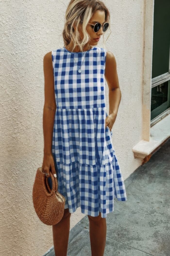 Plaid sleeveless robe vests a line dress - image 5