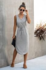 Solid Sleeveless Slim Waist V Neck Midi Dress