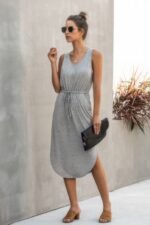 Solid Sleeveless Slim Waist V Neck Midi Dress - Image 2