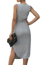 Solid Sleeveless Slim Waist V Neck Midi Dress - Image 3