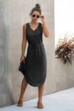 Solid Sleeveless Slim Waist V Neck Midi Dress - Image 4