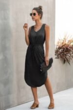 Solid Sleeveless Slim Waist V Neck Midi Dress - Image 5