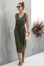 Solid Sleeveless Slim Waist V Neck Midi Dress - Image 8