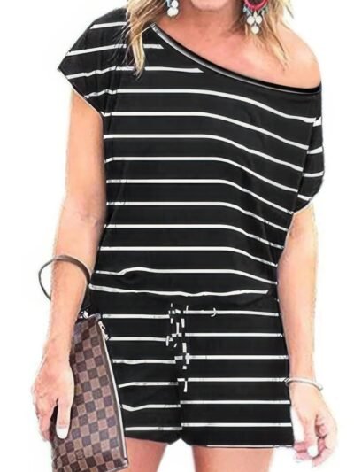 Striped Short Sleeve Drawstring Waist Romper