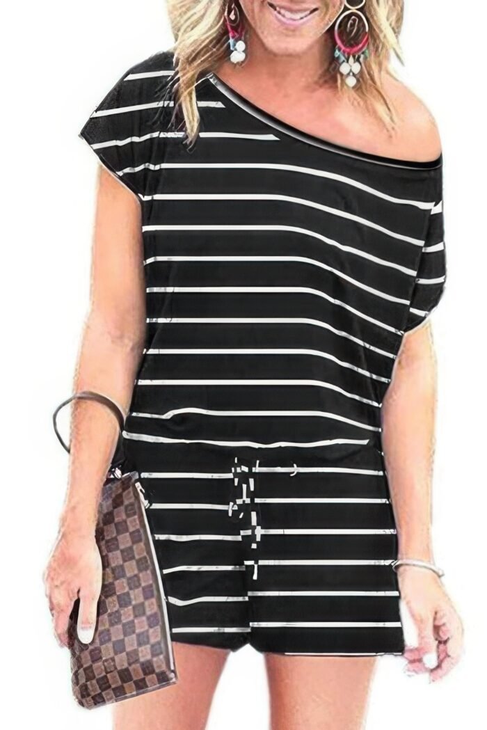 Striped short sleeve drawstring waist romper - image 1