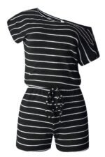 Striped Short Sleeve Drawstring Waist Romper - Image 2