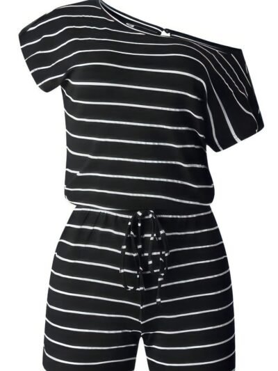 Striped Short Sleeve Drawstring Waist Romper Striped Short Sleeve Drawstring Waist Romper