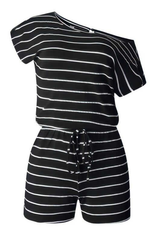 Striped Short Sleeve Drawstring Waist Romper - Image 2