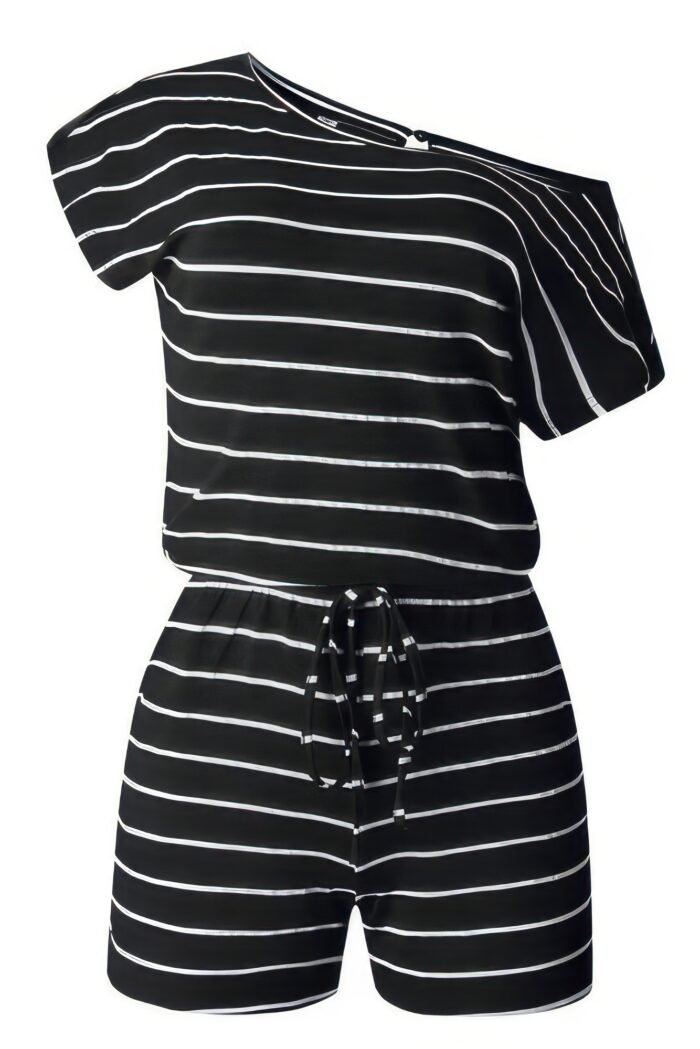 Striped short sleeve drawstring waist romper - image 2