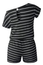 Striped Short Sleeve Drawstring Waist Romper - Image 3