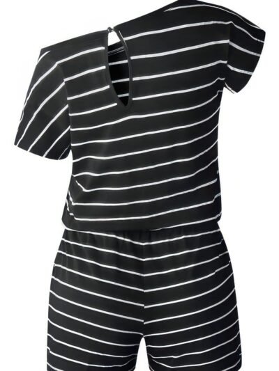 Striped Short Sleeve Drawstring Waist Romper Striped Short Sleeve Drawstring Waist Romper