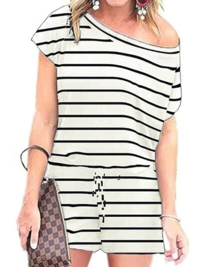 Striped Short Sleeve Drawstring Waist Romper Striped Short Sleeve Drawstring Waist Romper