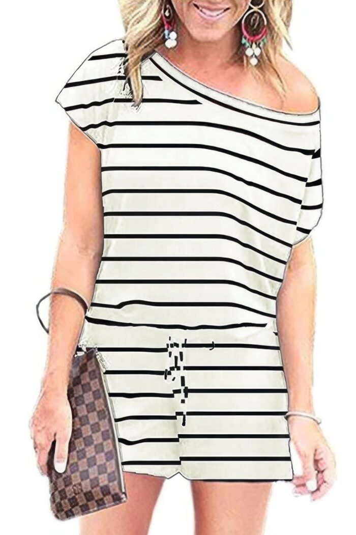 Striped short sleeve drawstring waist romper - image 4