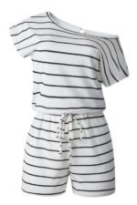 Striped Short Sleeve Drawstring Waist Romper - Image 5